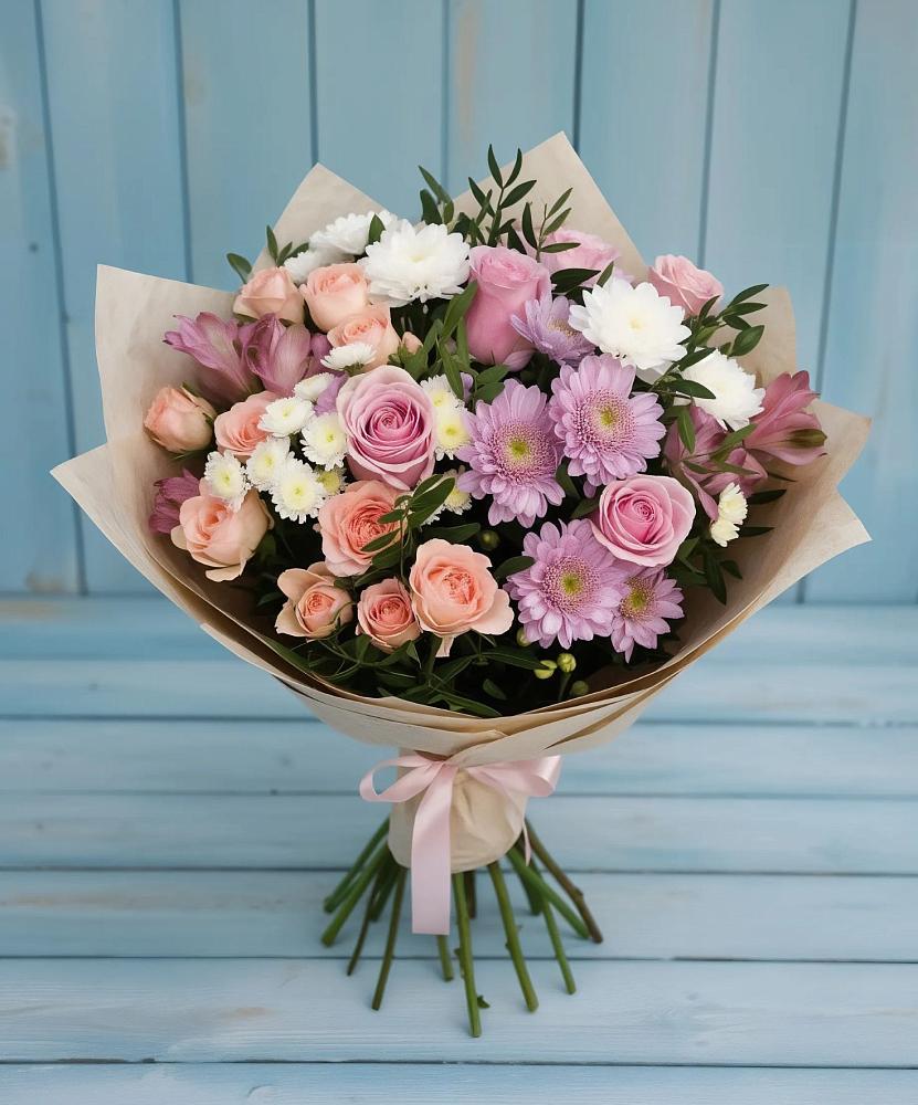 Букет цветов из: Хризантемы, Розы и Альстромерии в Кумской Долине