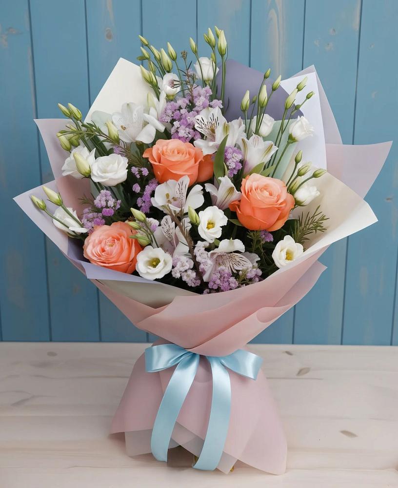 Букет цветов из: Лизиантусы, Розы, Альстромерии и Гипсофила в Кумской Долине