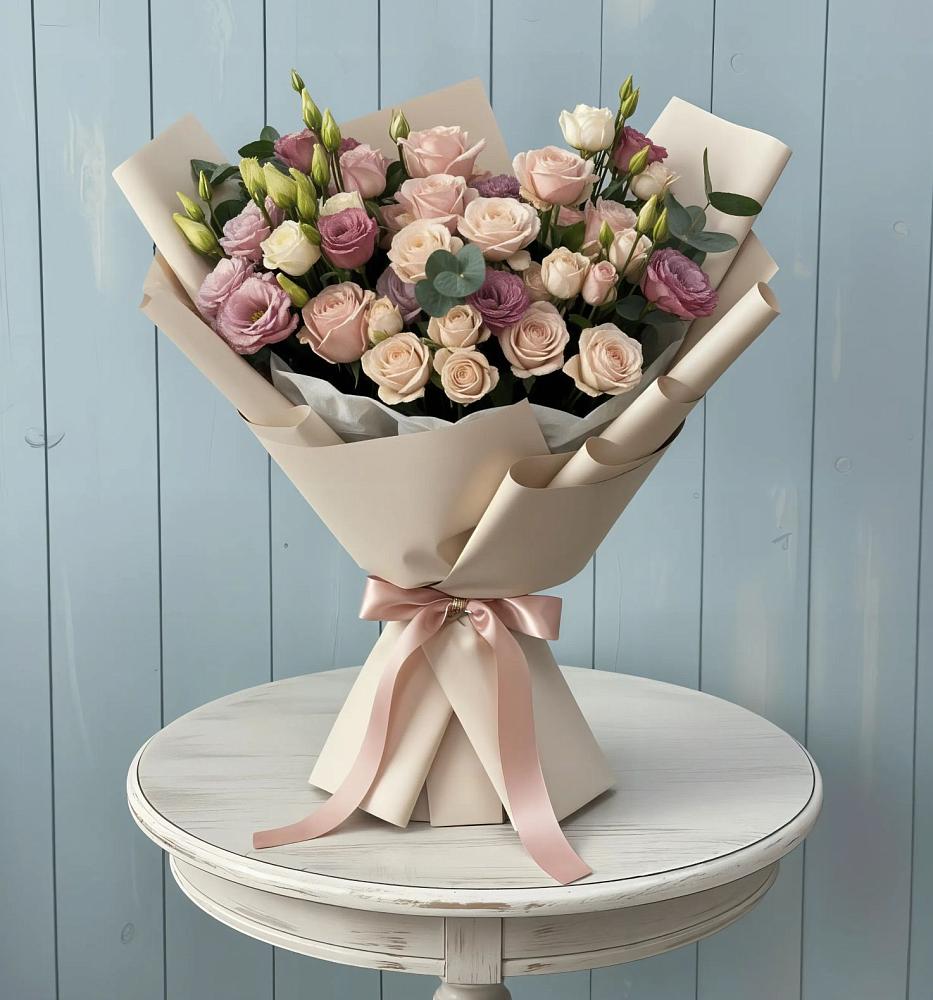 Букет цветов из: Розы и Лизиантусы в Кумской Долине