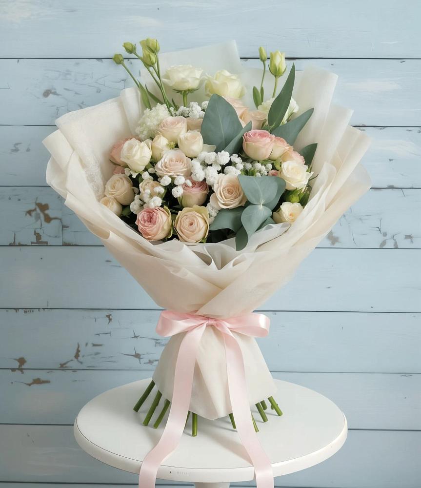 Букет цветов из: Розы и Лизиантусы в Кумской Долине