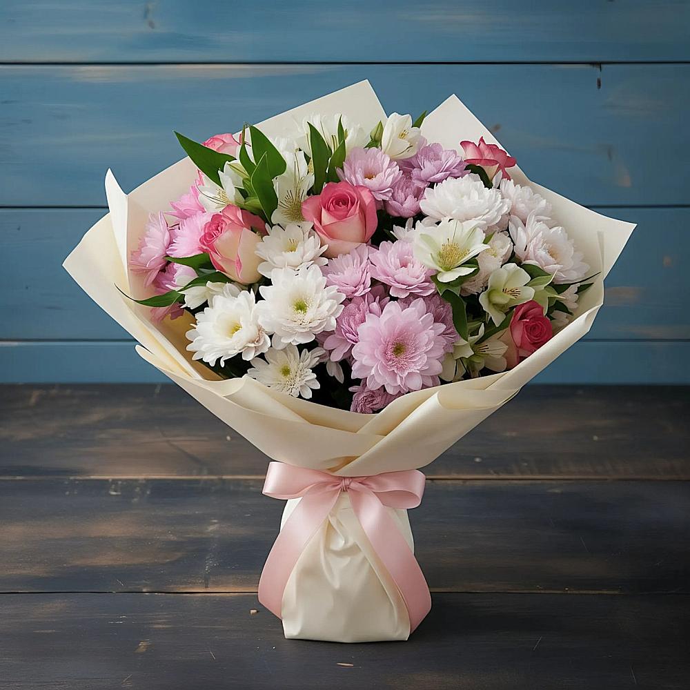 Букет цветов из: Хризантемы, Альстромерии и Розы в Кумской Долине